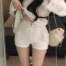 Sexy High Waist Slim Fit Short Pants Double Pockets Elastic Waistband Casual Workwear Hot Pants Milk White Straight Leg Trousers
