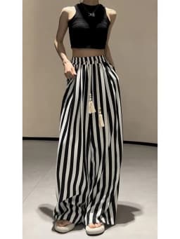 Xgoth New Fashion High end Striped Wide Leg Pants for Women Summer High Waist Slimming Straight Leg Pants Loose Casual Trousers