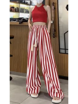 Xgoth New Fashion High end Striped Wide Leg Pants for Women Summer High Waist Slimming Straight Leg Pants Loose Casual Trousers