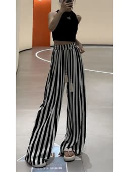 Xgoth New Fashion High end Striped Wide Leg Pants for Women Summer High Waist Slimming Straight Leg Pants Loose Casual Trousers