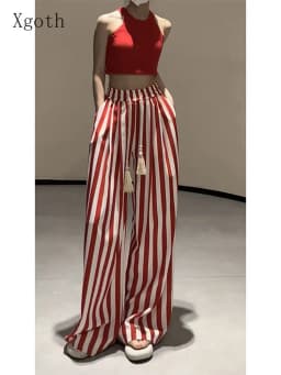 Xgoth New Fashion High end Striped Wide Leg Pants for Women Summer High Waist Slimming Straight Leg Pants Loose Casual Trousers