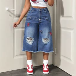 Women Denim Calf Length Pant Jeans Vintage Wide Leg Pants Hole High Waist Straight Trousers Y2k Streetwear Elegant Work Casual