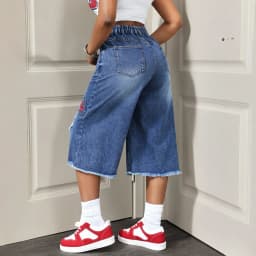 Women Denim Calf Length Pant Jeans Vintage Wide Leg Pants Hole High Waist Straight Trousers Y2k Streetwear Elegant Work Casual
