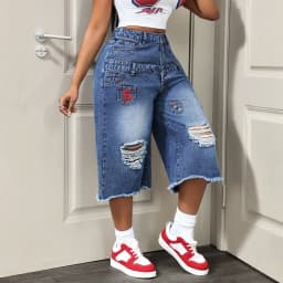 Women Denim Calf Length Pant Jeans Vintage Wide Leg Pants Hole High Waist Straight Trousers Y2k Streetwear Elegant Work Casual