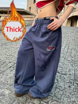 Y2K American Printed Women Wide Leg Pants Winter Thick Loose Drawstring Sweatpants High Waist Streetwear Straight Trousers Mujer