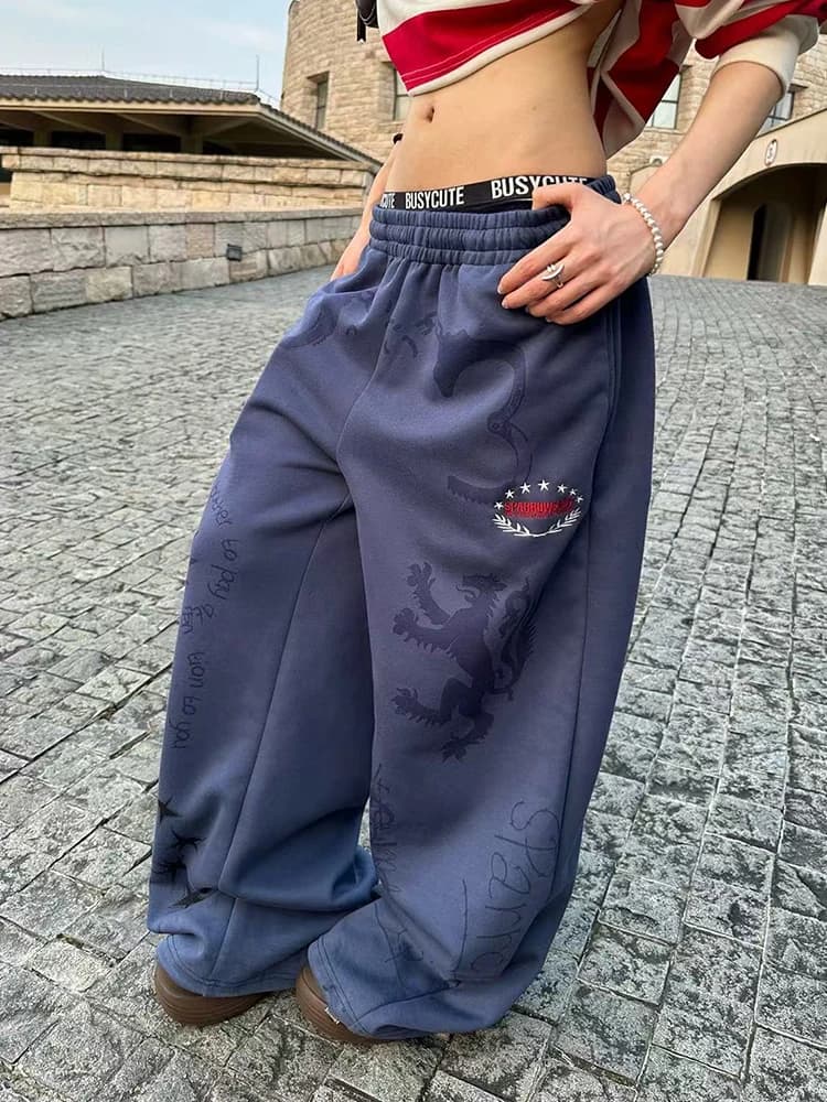 Y2K American Printed Women Wide Leg Pants Winter Thick Loose Drawstring Sweatpants High Waist Streetwear Straight Trousers Mujer