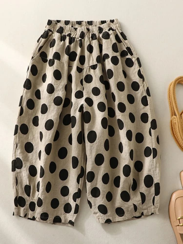 Artistic Large Polka Dot Linen Lantern Wide Leg Pants Women Summer Thin Elastic Waist Loose Casual Seven-Foot Pants