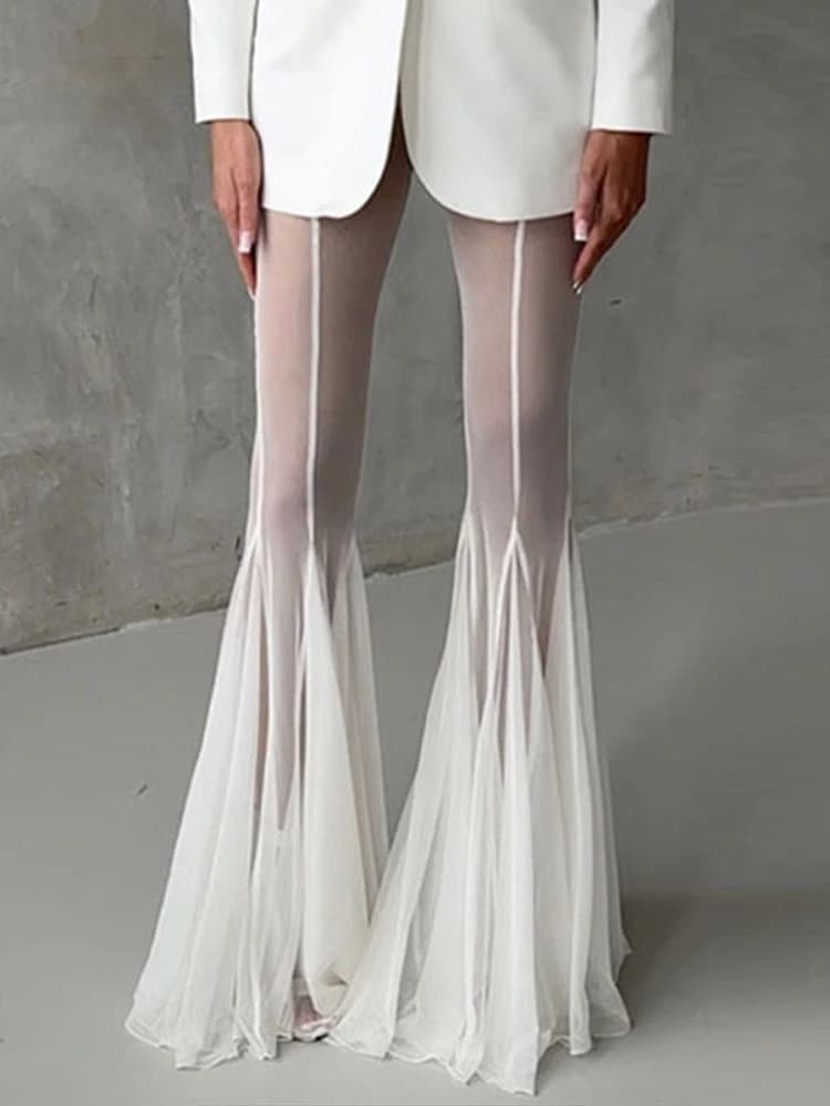Summer Loose Hollow Out Wide Leg Pants Women Shiny Fashion See Through Street Trousers 2025 New Lady Mesh Holiday Outerwear