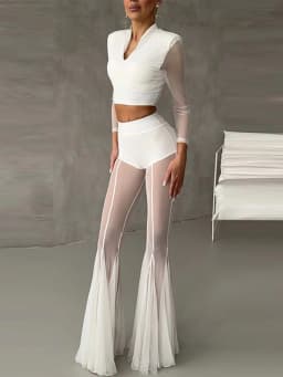 Summer Loose Hollow Out Wide Leg Pants Women Shiny Fashion See Through Street Trousers 2025 New Lady Mesh Holiday Outerwear
