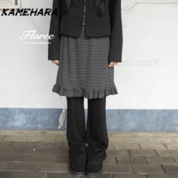 KAMEHARA Korean Fall Pant Girl's Striped Patchwork Ruffle Edge Retro Y2k Light Asian Fake Two-piece Layered Slimming Skirt Pants