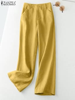 ZANZEA 2025 Autumn Summer Spring Fashion Women Pants Cotton Linen Long Trousers Wide Leg Plain Holiday Casual Pants Streetwear