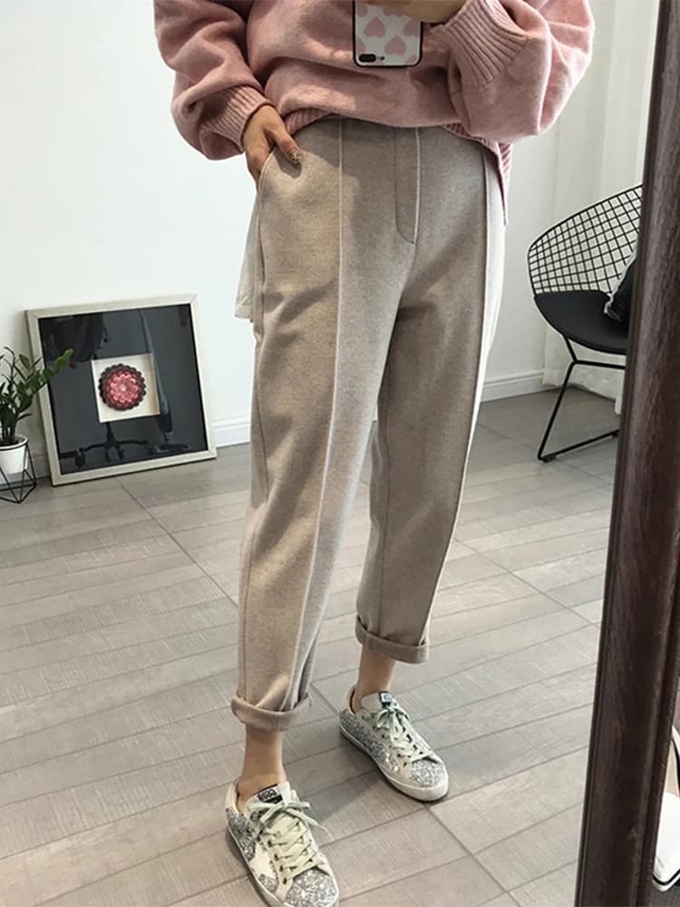 Winter Thicken Women Pencil Pants Wool Pants Female 2019 Autumn High Waist Loose Trousers Capris Good Fabric
