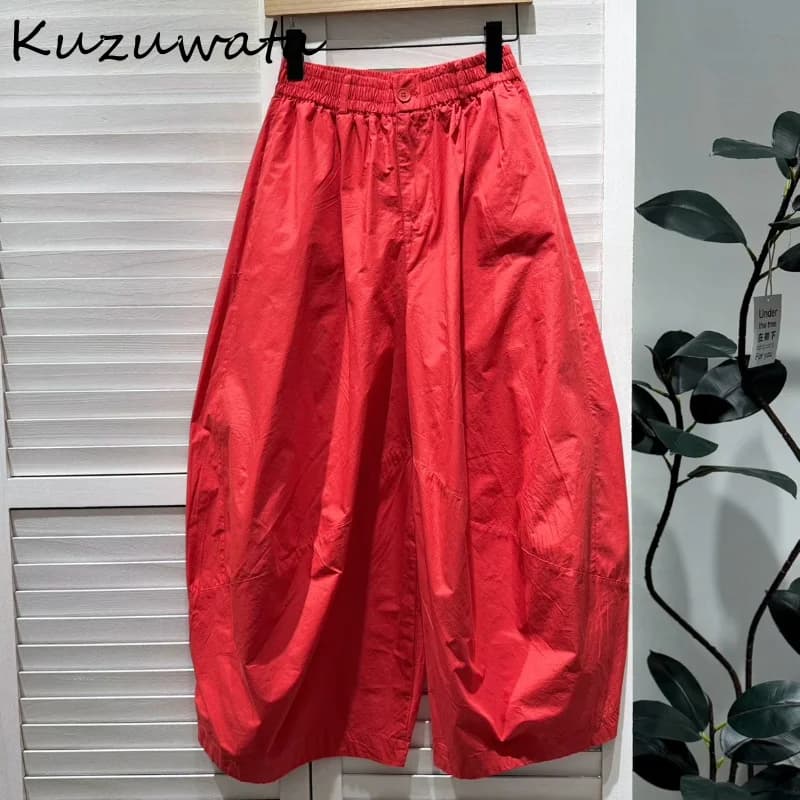 Kuzuwata Dopamine Loose All-match Lantern Trousers Profile Stretch Waist Slim Pant Japanese Ruched Casual Elegant Fashion Capris
