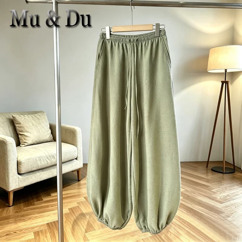 High Quality Summer Fashion Linen Lantern Pants for Women Solid Color Elastic Waist Simple Basic Trouser