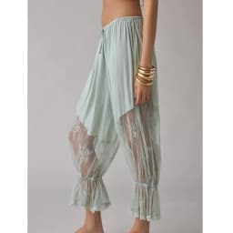 Women Lace Trim Bloomers Pants Drawstring Waist Long Pants Ruffle Patchwork Cropped Lounge Pants Pettipants Y2k Steetwear