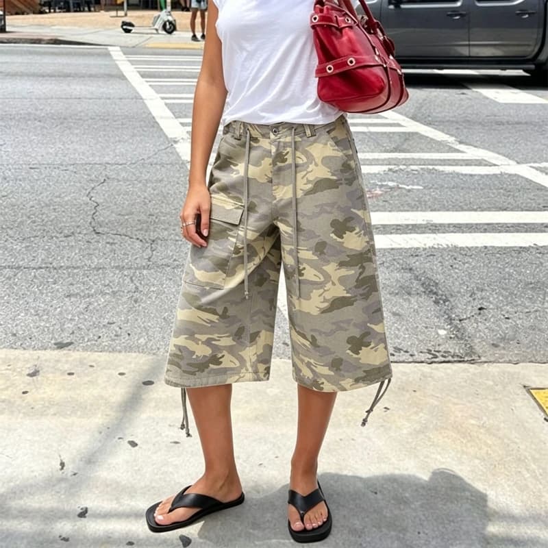 Women Vintage Camo Print Knee Length Cargo Capri Shorts Drawstring Waist Loose Wide Leg Pants Preppy Y2K Grunge Hip Hop Bottoms