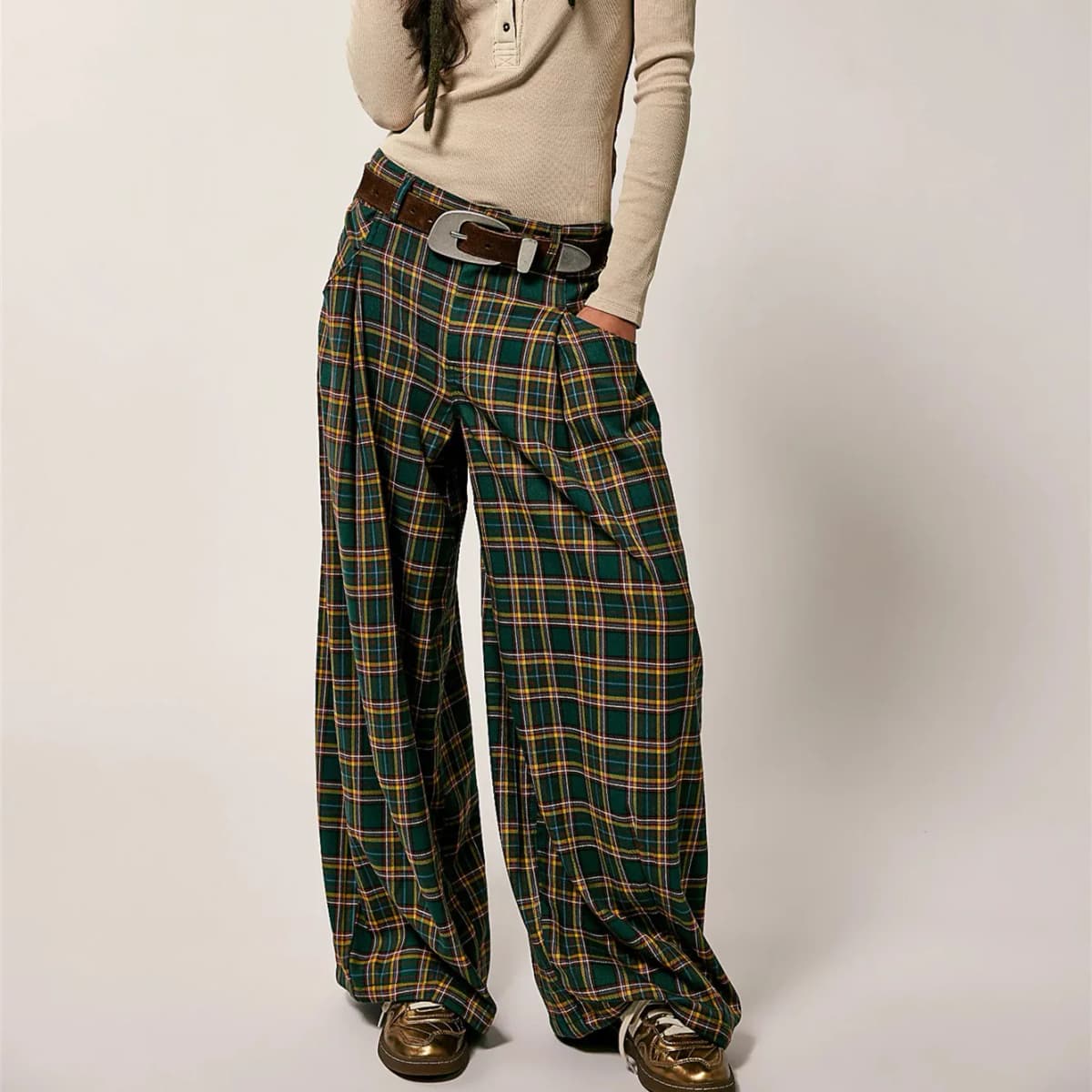 Vintage Plaid Baggy Trousers for Women Y2k Gingham Wide Leg Mid Rise Holiday Fall Spring High Street Tartan Pants with Pockets