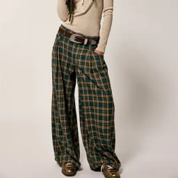 Vintage Plaid Baggy Trousers for Women Y2k Gingham Wide Leg Mid Rise Holiday Fall Spring High Street Tartan Pants with Pockets