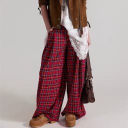 Vintage Plaid Baggy Trousers for Women Y2k Gingham Wide Leg Mid Rise Holiday Fall Spring High Street Tartan Pants with Pockets