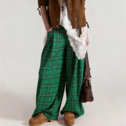 Vintage Plaid Baggy Trousers for Women Y2k Gingham Wide Leg Mid Rise Holiday Fall Spring High Street Tartan Pants with Pockets