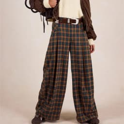Vintage Plaid Baggy Trousers for Women Y2k Gingham Wide Leg Mid Rise Holiday Fall Spring High Street Tartan Pants with Pockets