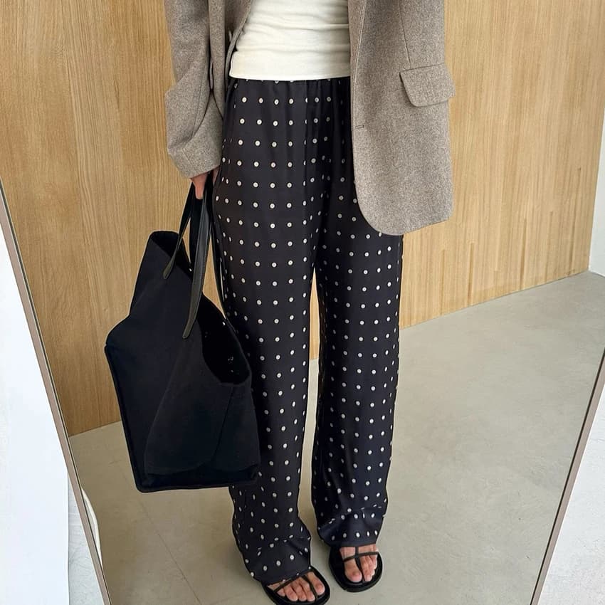 Linad Casual Black Long Dot Pants Women Street Chic Low Waist Wide Leg Pants Autumn Fashion Polyester  Loose Trousers 2025 Fall