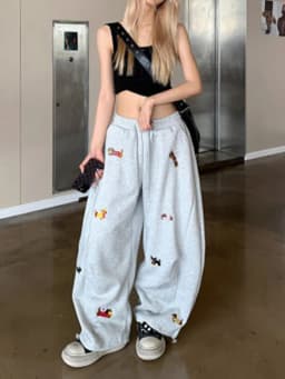 Aoaiiys Grey Loose Pants Women's Sausage Dog Embroidered High Street Trousers 2026 Summer New Drawstring Straight Sweatpants