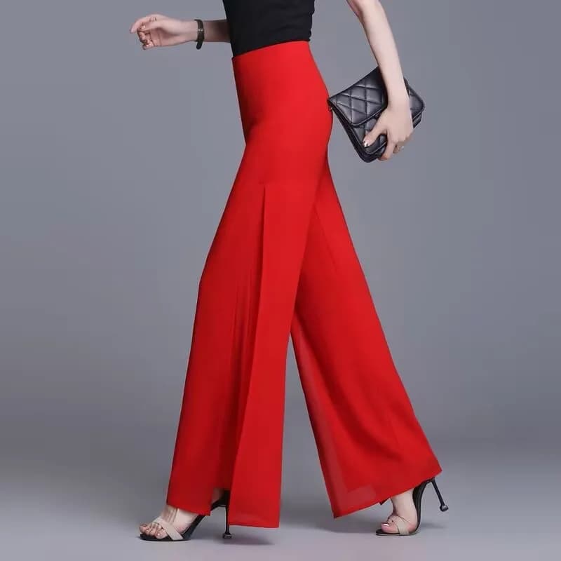 Double Layered Chiffon Wide Leg Pants For Women Spring Summer Elastic Waist Skirt Pants Korean Split Elegant Straight Trousers