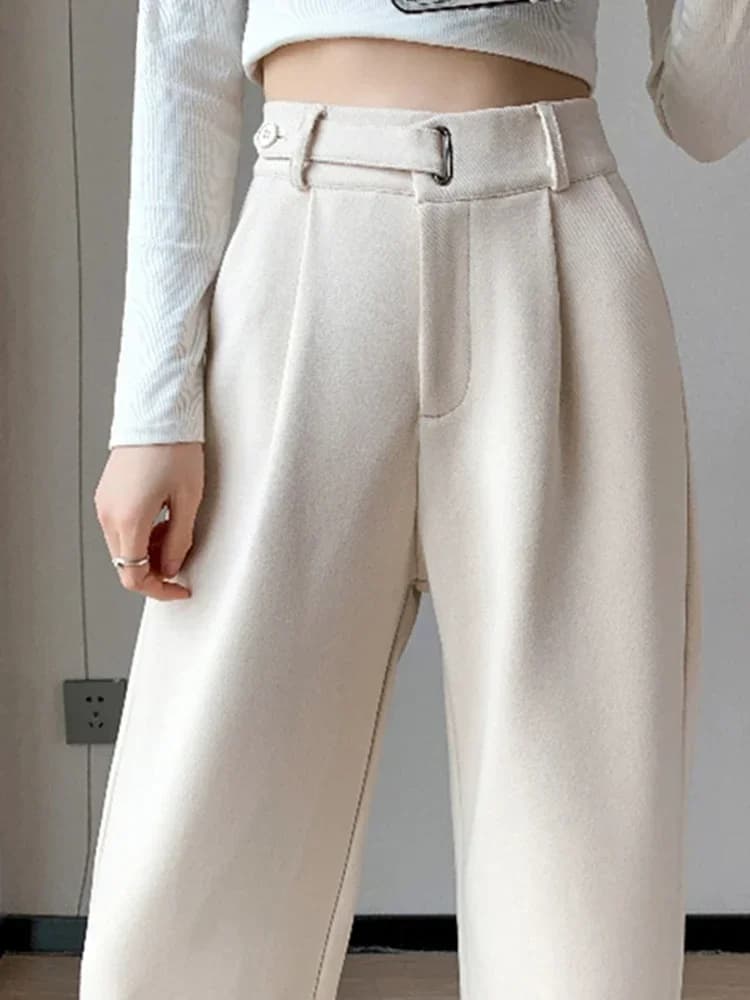 Winter Thick Loose Casual Female Wide Leg Pants Pure Color Chic Buttons Straight Slim Fashion Women Pants Black Apricot