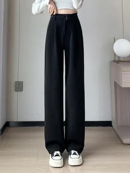 Winter Thick Loose Casual Female Wide Leg Pants Pure Color Chic Buttons Straight Slim Fashion Women Pants Black Apricot