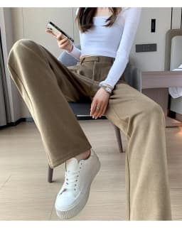 Winter Thick Loose Casual Female Wide Leg Pants Pure Color Chic Buttons Straight Slim Fashion Women Pants Black Apricot
