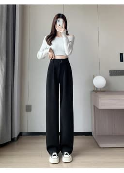 Winter Thick Loose Casual Female Wide Leg Pants Pure Color Chic Buttons Straight Slim Fashion Women Pants Black Apricot