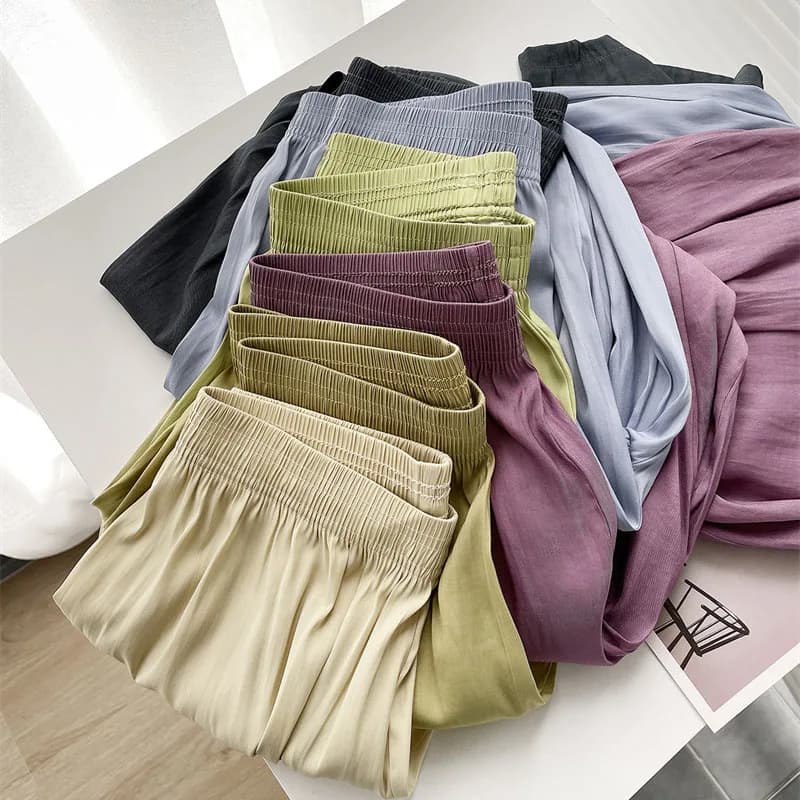 Summer Thin Loose Wide-leg Pants Women's Ice Silk Casual Pants Elegant Elastic Waist Straight Trousers Lady Sport Pants