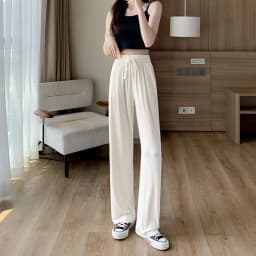 Summer Cool Ice Silk Straight Pants Women Fashion High Waist Wide Leg Trousers Female Solid Sagging Feeling Baggy Casual Pants