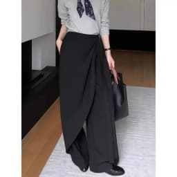 Fall Fashion Asymmetrical Lace Up Pants Women High Waist Divided Skirt Versatile Office Lady Trousers Black Wide Leg Pants 695A