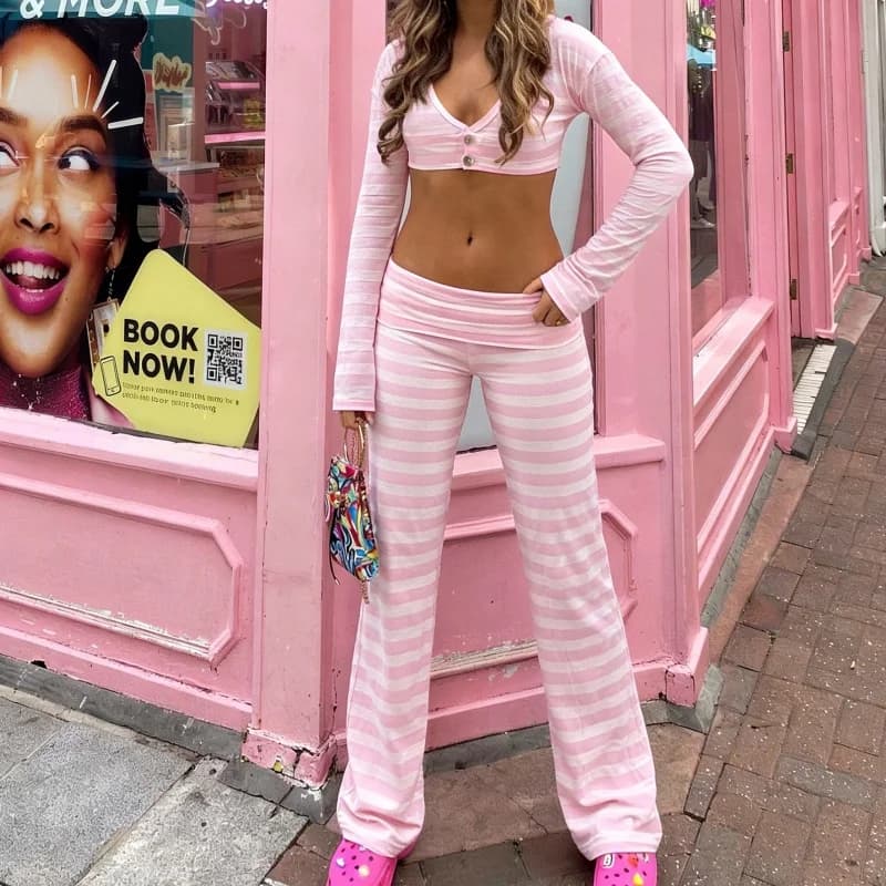 Women Y2k Striped Fold Over Pants Low Rise Yoga Pants Lounge Bottoms Color Block Wide Leg Flare Leggings Sweatpants