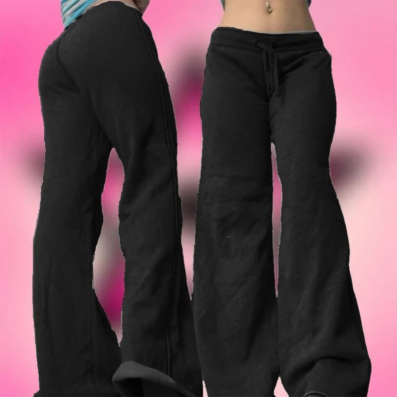 Solid color straight leg casual pant with drawstring design versatile style bottoms fashionable rock punk style slim fit women's