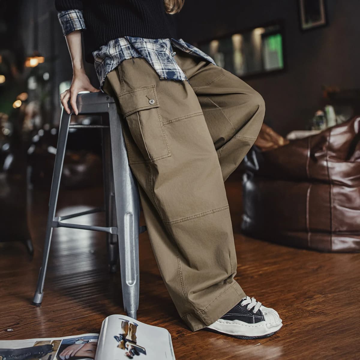 Maden Women’s Retro Workwear Cargo Pants Loose Wide-Leg Multi-Pocket High Waist Twill Cotton Trousers for Spring Autumn