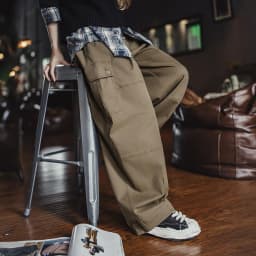 Maden Women’s Retro Workwear Cargo Pants Loose Wide-Leg Multi-Pocket High Waist Twill Cotton Trousers for Spring Autumn