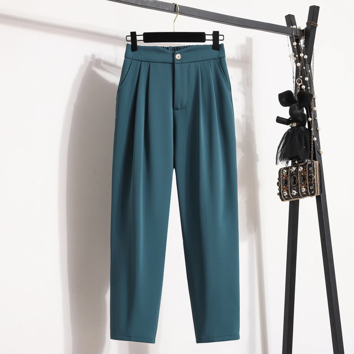 Autumn Female Formal Trousers Solid Color Ankle-length Button Fly Elastic Waist Office Lady Elegant Pencil Pants