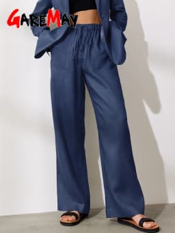 Cotton Linen Pants for Women Stacked Loose Vintage Solid Basic High Waist Wide Leg Khaki Trousers Summer Women's Pants
