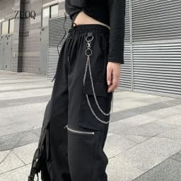 2026 New Gothique Cargo Pants Women Punk Chain Gothic Harajuku Black Trousers Korean Fashion High Waist Sweatpants Female