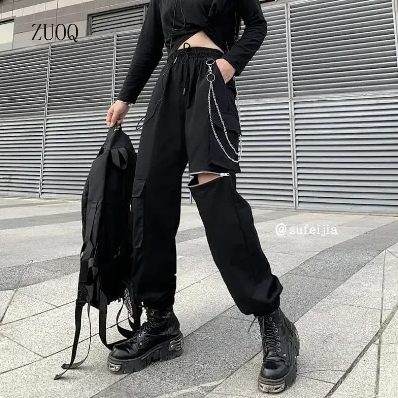 2026 New Gothique Cargo Pants Women Punk Chain Gothic Harajuku Black Trousers Korean Fashion High Waist Sweatpants Female