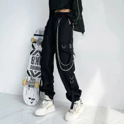 2026 New Gothique Cargo Pants Women Punk Chain Gothic Harajuku Black Trousers Korean Fashion High Waist Sweatpants Female