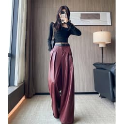 MEXZT Black Pu Leather Wide Leg Pants Women Streetwear Belt Baggy Red Suit Pants Winter Harajuku Korean Casual Straight Trousers