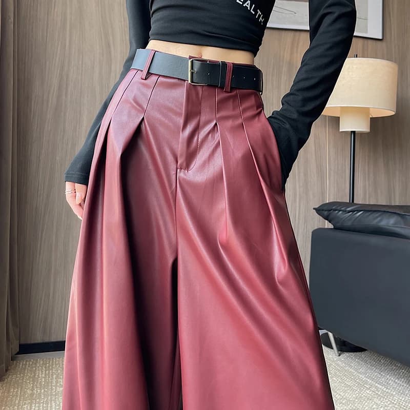 MEXZT Black Pu Leather Wide Leg Pants Women Streetwear Belt Baggy Red Suit Pants Winter Harajuku Korean Casual Straight Trousers