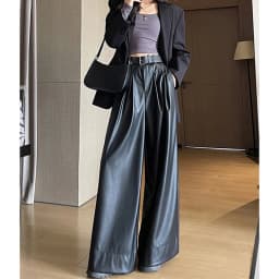 MEXZT Black Pu Leather Wide Leg Pants Women Streetwear Belt Baggy Red Suit Pants Winter Harajuku Korean Casual Straight Trousers