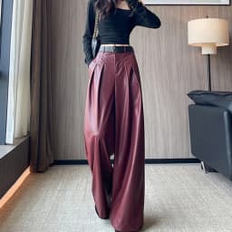 MEXZT Black Pu Leather Wide Leg Pants Women Streetwear Belt Baggy Red Suit Pants Winter Harajuku Korean Casual Straight Trousers