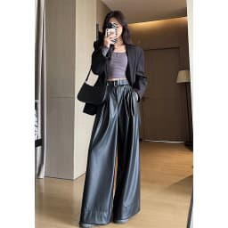 MEXZT Black Pu Leather Wide Leg Pants Women Streetwear Belt Baggy Red Suit Pants Winter Harajuku Korean Casual Straight Trousers