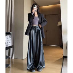 MEXZT Black Pu Leather Wide Leg Pants Women Streetwear Belt Baggy Red Suit Pants Winter Harajuku Korean Casual Straight Trousers